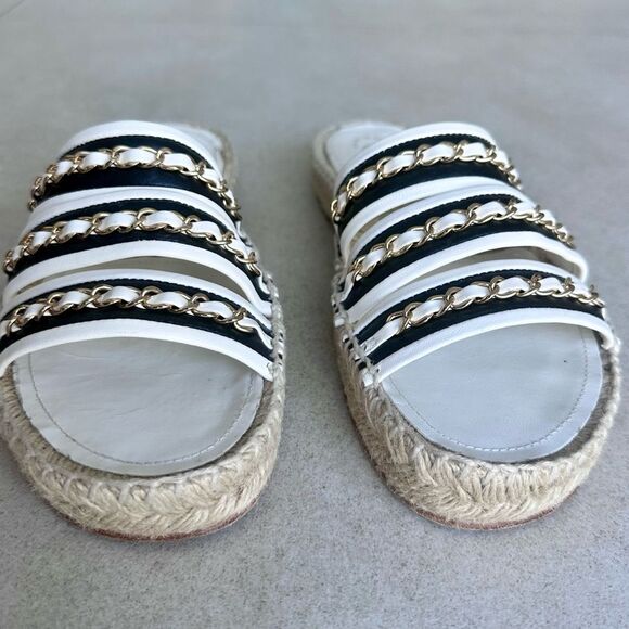 CHANEL Chain Lambskin Espadrille Slip On Sandals  EU 37 US 6-6.5 Black & White - Picture 2 of 13